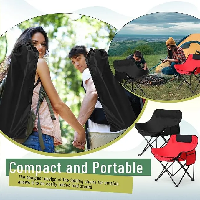 2 Pack Compact Camping Chair Portable Folding Chairs for Outside with Carry Bag Lightweight Moon Chairs for Travel Picnic Hiking Beach Fishing, 600D Oxford, Supports 330lbs (Red, Black)