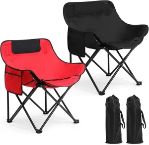 2 Pack Compact Camping Chair Portable Folding Chairs for Outside with Carry Bag Lightweight Moon Chairs for Travel Picnic Hiking Beach Fishing, 600D Oxford, Supports 330lbs (Red, Black)