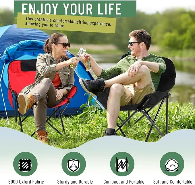 2 Pack Compact Camping Chair Portable Folding Chairs for Outside with Carry Bag Lightweight Moon Chairs for Travel Picnic Hiking Beach Fishing, 600D Oxford, Supports 330lbs (Red, Black)