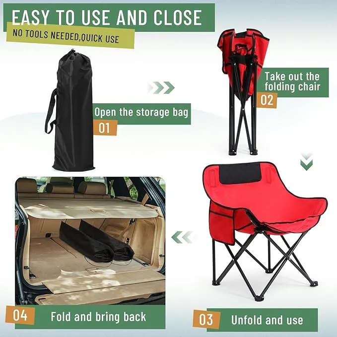 2 Pack Compact Camping Chair Portable Folding Chairs for Outside with Carry Bag Lightweight Moon Chairs for Travel Picnic Hiking Beach Fishing, 600D Oxford, Supports 330lbs (Red, Black)