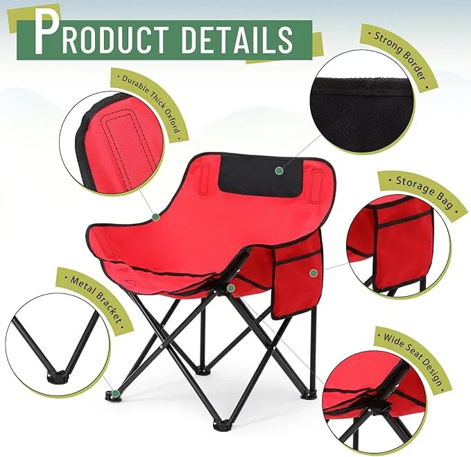 2 Pack Compact Camping Chair Portable Folding Chairs for Outside with Carry Bag Lightweight Moon Chairs for Travel Picnic Hiking Beach Fishing, 600D Oxford, Supports 330lbs (Red, Black)