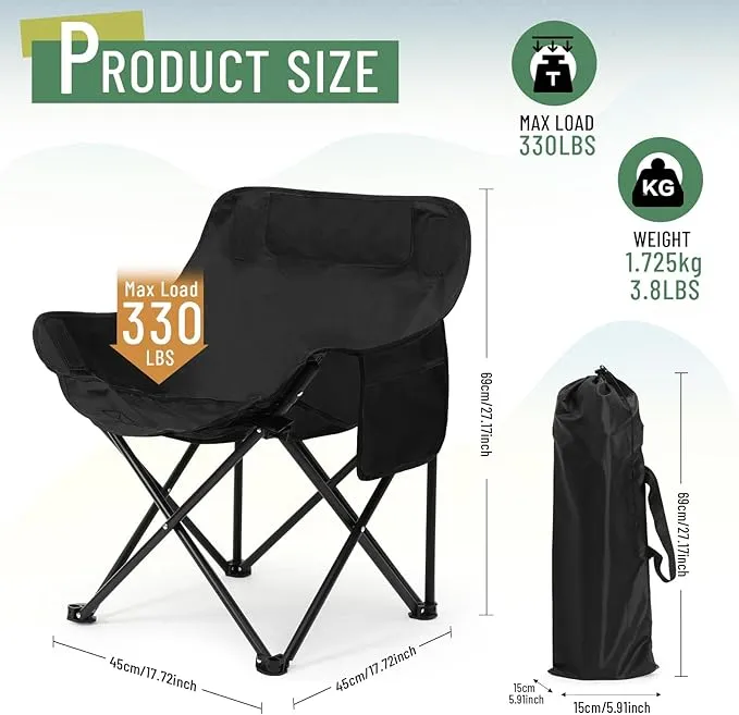 2 Pack Compact Camping Chair Portable Folding Chairs for Outside with Carry Bag Lightweight Moon Chairs for Travel Picnic Hiking Beach Fishing, 600D Oxford, Supports 330lbs (Red, Black)