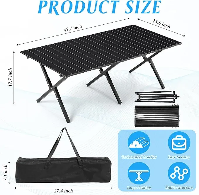 2 Pack Folding Picnic Table 4 ft Low Lightweight Camping Table Portable Collapsible Foldable Roll up Carbon Steel Camp Side Table with Carry Bag for Beach Party Patio Outdoor(Black)