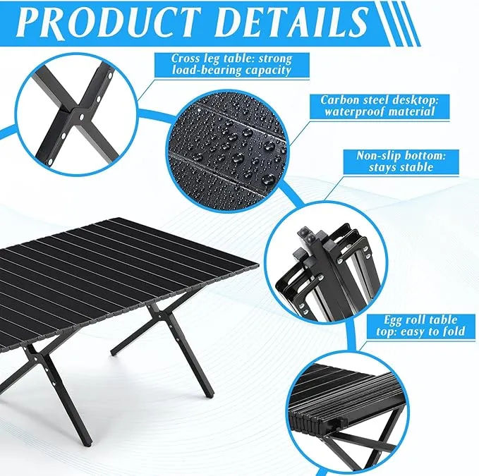 2 Pack Folding Picnic Table 4 ft Low Lightweight Camping Table Portable Collapsible Foldable Roll up Carbon Steel Camp Side Table with Carry Bag for Beach Party Patio Outdoor(Black)