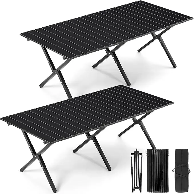 2 Pack Folding Picnic Table 4 ft Low Lightweight Camping Table Portable Collapsible Foldable Roll up Carbon Steel Camp Side Table with Carry Bag for Beach Party Patio Outdoor(Black)