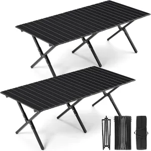 2 Pack Folding Picnic Table 4 ft Low Lightweight Camping Table Portable Collapsible Foldable Roll up Carbon Steel Camp Side Table with Carry Bag for Beach Party Patio Outdoor(Black)