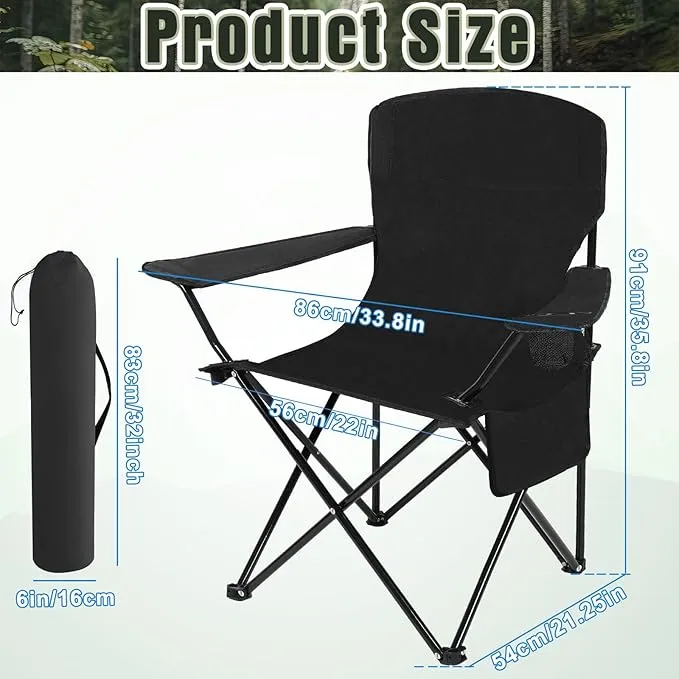 2 Pack Oversized Folding Camping Chairs Heavy Duty Lawn Chairs with Carrying Bag Cup Holder Portable Collapsible Chairs for Outdoor Sports Garden Beach(Black, 35.8 x 23.6 x 37.8 Inches)