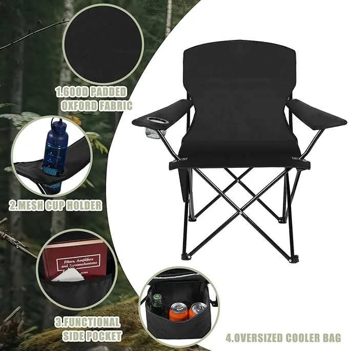 2 Pack Oversized Folding Camping Chairs Heavy Duty Lawn Chairs with Carrying Bag Cup Holder Portable Collapsible Chairs for Outdoor Sports Garden Beach(Black, 35.8 x 23.6 x 37.8 Inches)