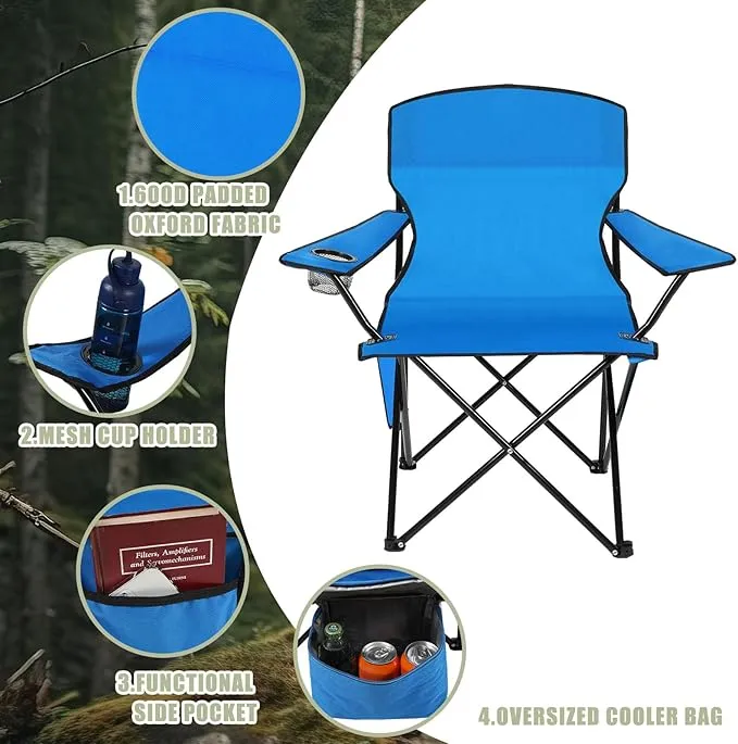 2 Pack Oversized Folding Camping Chairs Heavy Duty Lawn Chairs with Carrying Bag Cup Holder Portable Collapsible Chairs for Outdoor Sports Garden Beach(Blue, 35.8 x 23.6 x 37.8 Inches)