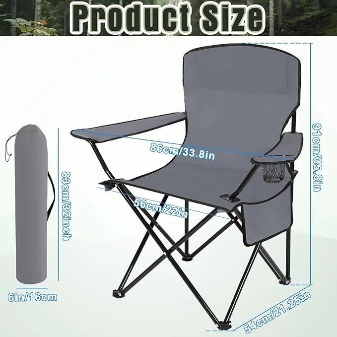 2 Pack Oversized Folding Camping Chairs Heavy Duty Lawn Chairs with Carrying Bag Cup Holder Portable Collapsible Chairs for Outdoor Sports Garden Beach(Gray, 35.8 x 23.6 x 37.8 Inches)