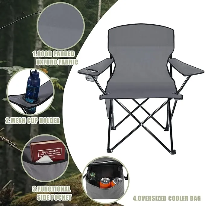 2 Pack Oversized Folding Camping Chairs Heavy Duty Lawn Chairs with Carrying Bag Cup Holder Portable Collapsible Chairs for Outdoor Sports Garden Beach(Gray, 35.8 x 23.6 x 37.8 Inches)