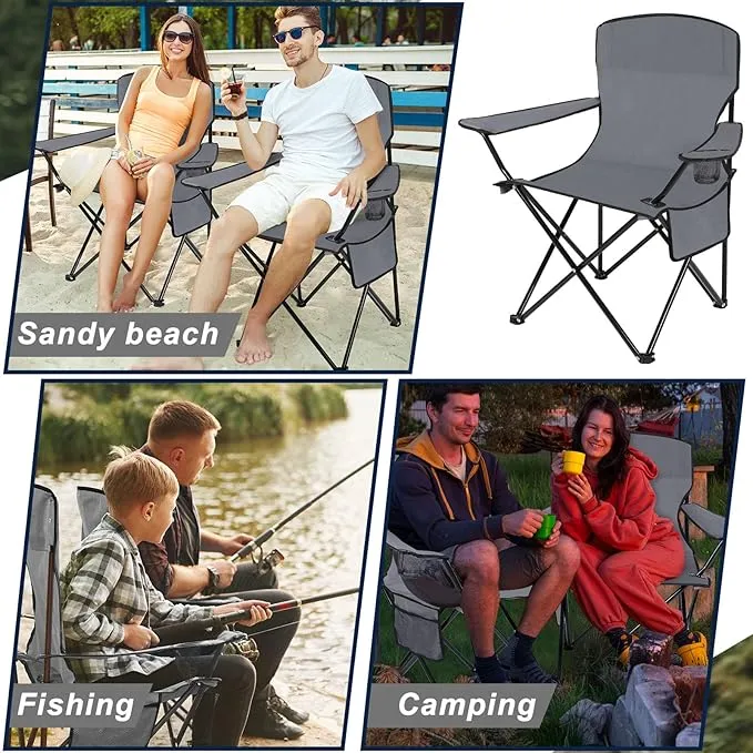 2 Pack Oversized Folding Camping Chairs Heavy Duty Lawn Chairs with Carrying Bag Cup Holder Portable Collapsible Chairs for Outdoor Sports Garden Beach(Gray, 35.8 x 23.6 x 37.8 Inches)