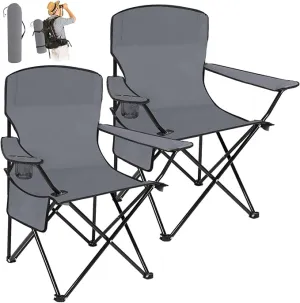 2 Pack Oversized Folding Camping Chairs Heavy Duty Lawn Chairs with Carrying Bag Cup Holder Portable Collapsible Chairs for Outdoor Sports Garden Beach(Gray, 35.8 x 23.6 x 37.8 Inches)