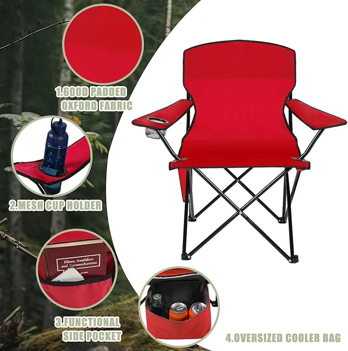 2 Pack Oversized Folding Camping Chairs Heavy Duty Lawn Chairs with Carrying Bag Cup Holder Portable Collapsible Chairs for Outdoor Sports Garden Beach(Red, 35.8 x 23.6 x 37.8 Inches)