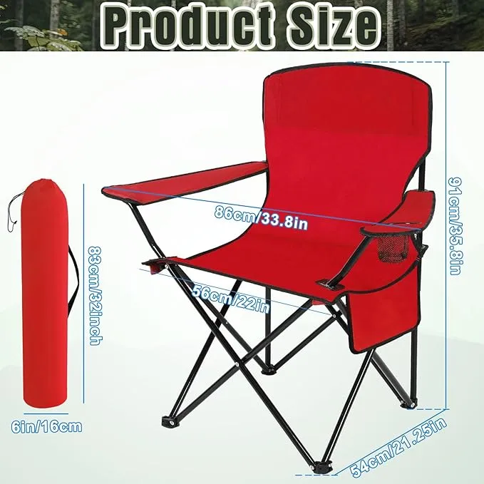 2 Pack Oversized Folding Camping Chairs Heavy Duty Lawn Chairs with Carrying Bag Cup Holder Portable Collapsible Chairs for Outdoor Sports Garden Beach(Red, 35.8 x 23.6 x 37.8 Inches)