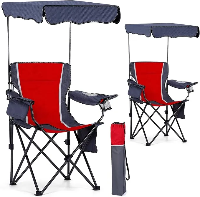 2 Packs Camping Chair with Canopy Portable Beach Chair for Adult Heavy Duty Shade Canopy Lounge Chair with Carrying Bag and Cup Holder for Beach Camping
