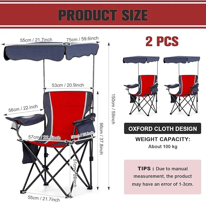 2 Packs Camping Chair with Canopy Portable Beach Chair for Adult Heavy Duty Shade Canopy Lounge Chair with Carrying Bag and Cup Holder for Beach Camping