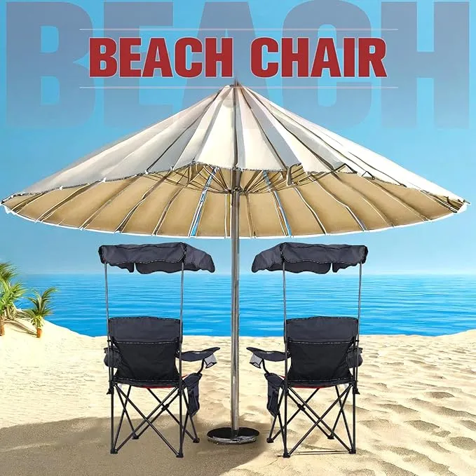 2 Packs Camping Chair with Canopy Portable Beach Chair for Adult Heavy Duty Shade Canopy Lounge Chair with Carrying Bag and Cup Holder for Beach Camping
