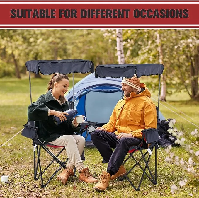 2 Packs Camping Chair with Canopy Portable Beach Chair for Adult Heavy Duty Shade Canopy Lounge Chair with Carrying Bag and Cup Holder for Beach Camping