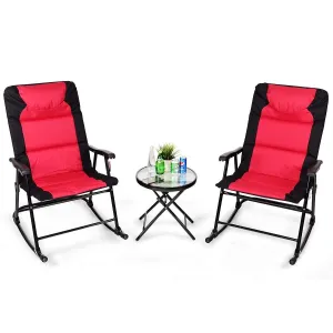 3 Pcs Outdoor Folding Rocking Chair Table Set with Cushion-Red