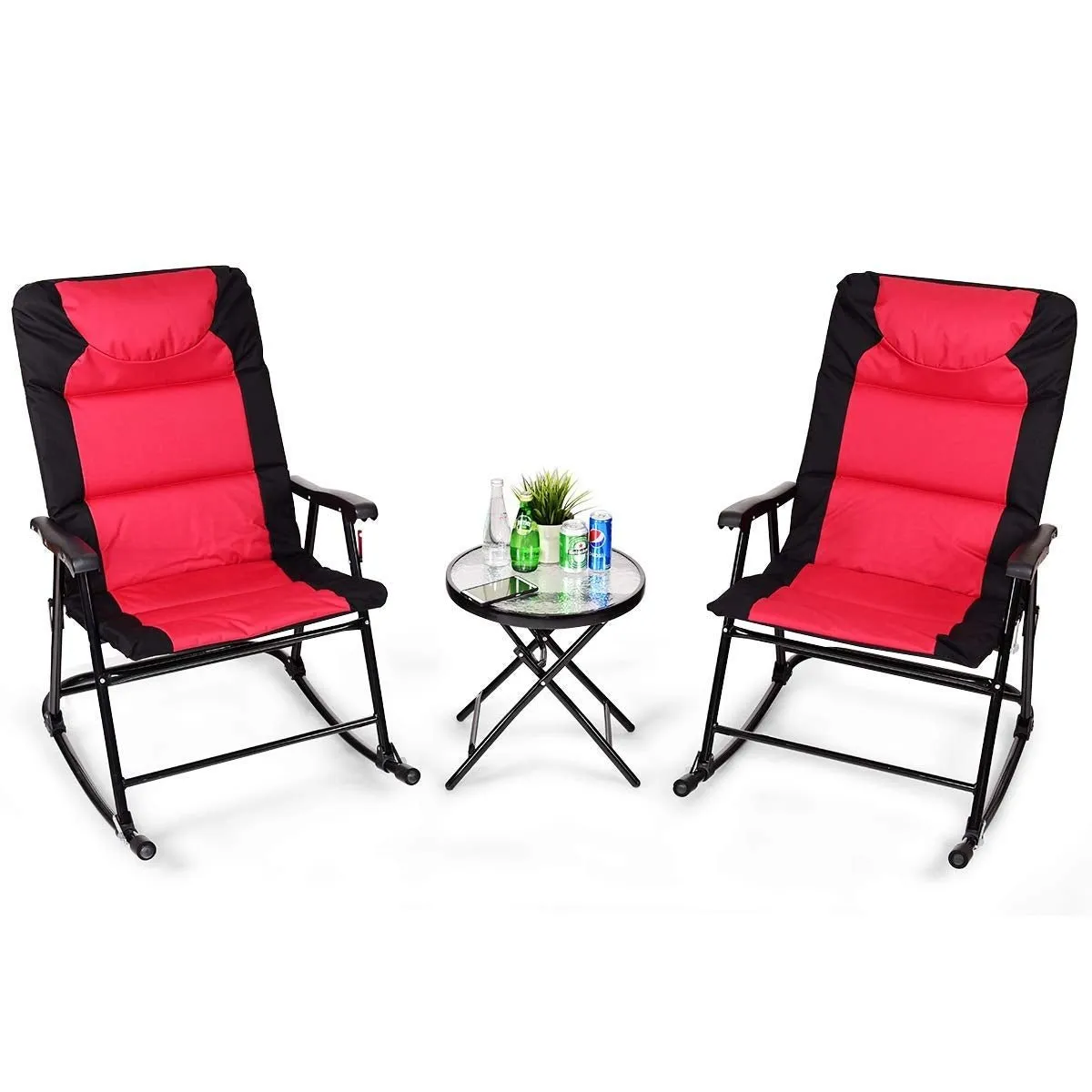 3 Pcs Outdoor Folding Rocking Chair Table Set with Cushion-Red