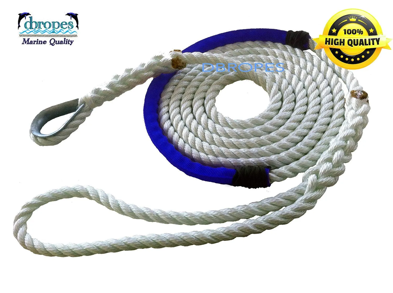 3/8" X 12' Three Strand Mooring Pendant 100% Nylon Rope with Thimble and Chafe Guard. (Tensile Strength 3700 Lbs.) Made in USA. FREE EXPEDITED SHIPPING. (Select color before add to cart)