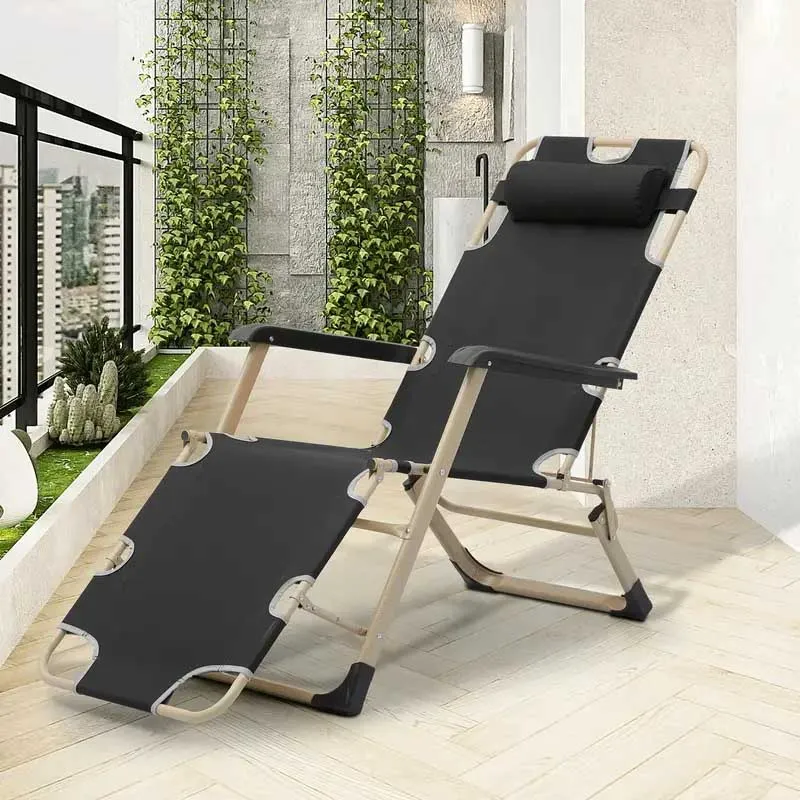 Adjustable Metal Recliners Beach Deck Lawn Camping Patio Foldable Lounge Chair with Pillow, Textilene Fabric