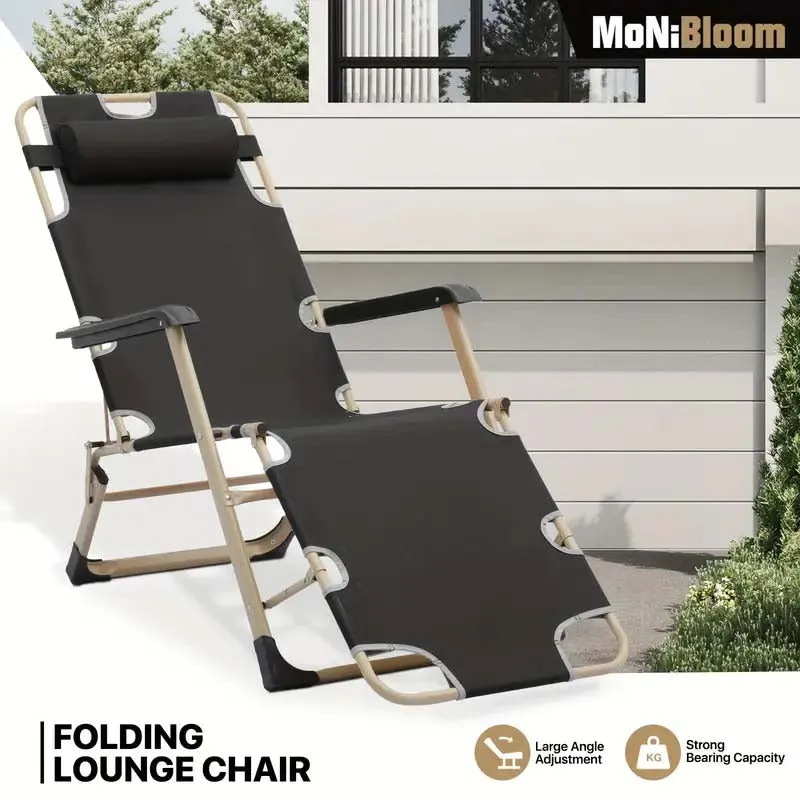 Adjustable Metal Recliners Beach Deck Lawn Camping Patio Foldable Lounge Chair with Pillow, Textilene Fabric