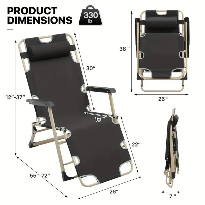Adjustable Metal Recliners Beach Deck Lawn Camping Patio Foldable Lounge Chair with Pillow, Textilene Fabric