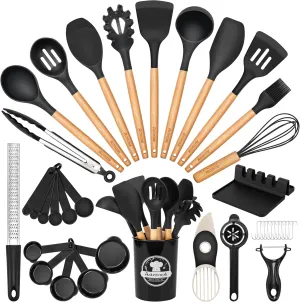 Astercook Kitchen Utensils set, 39 PCS Silicone Cooking Utensils Set with Wooden Handle, 446F Heat Resistant Food Grade Utensil Sets, BPA Free Kitchen Gadgets Tools Set for Nonstick Cookware (Black)