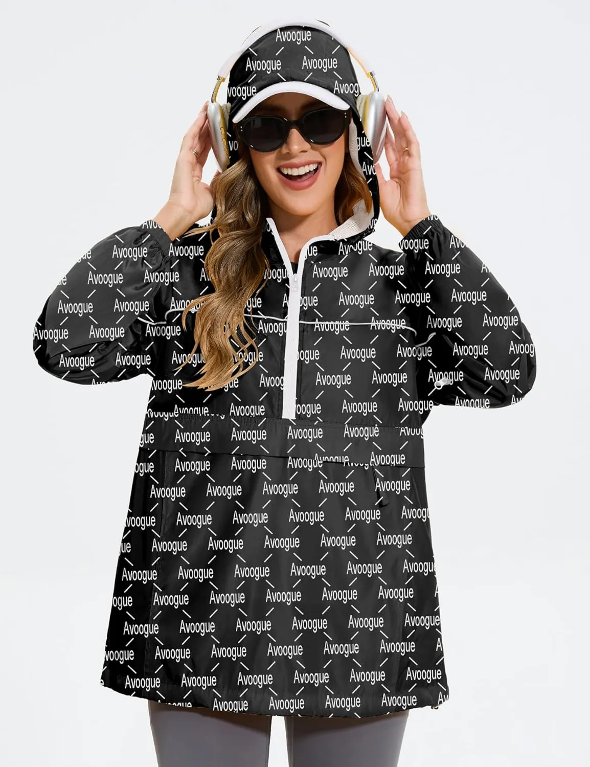 Avoogue Raincoat Women Reflective Waterproof Rain Jackets Half Zipper Packable Outdoor Hooded Windbreaker Lined Jacket