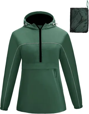 Avoogue Raincoat Women Reflective Waterproof Rain Jackets Half Zipper Packable Outdoor Hooded Windbreaker Lined Jacket