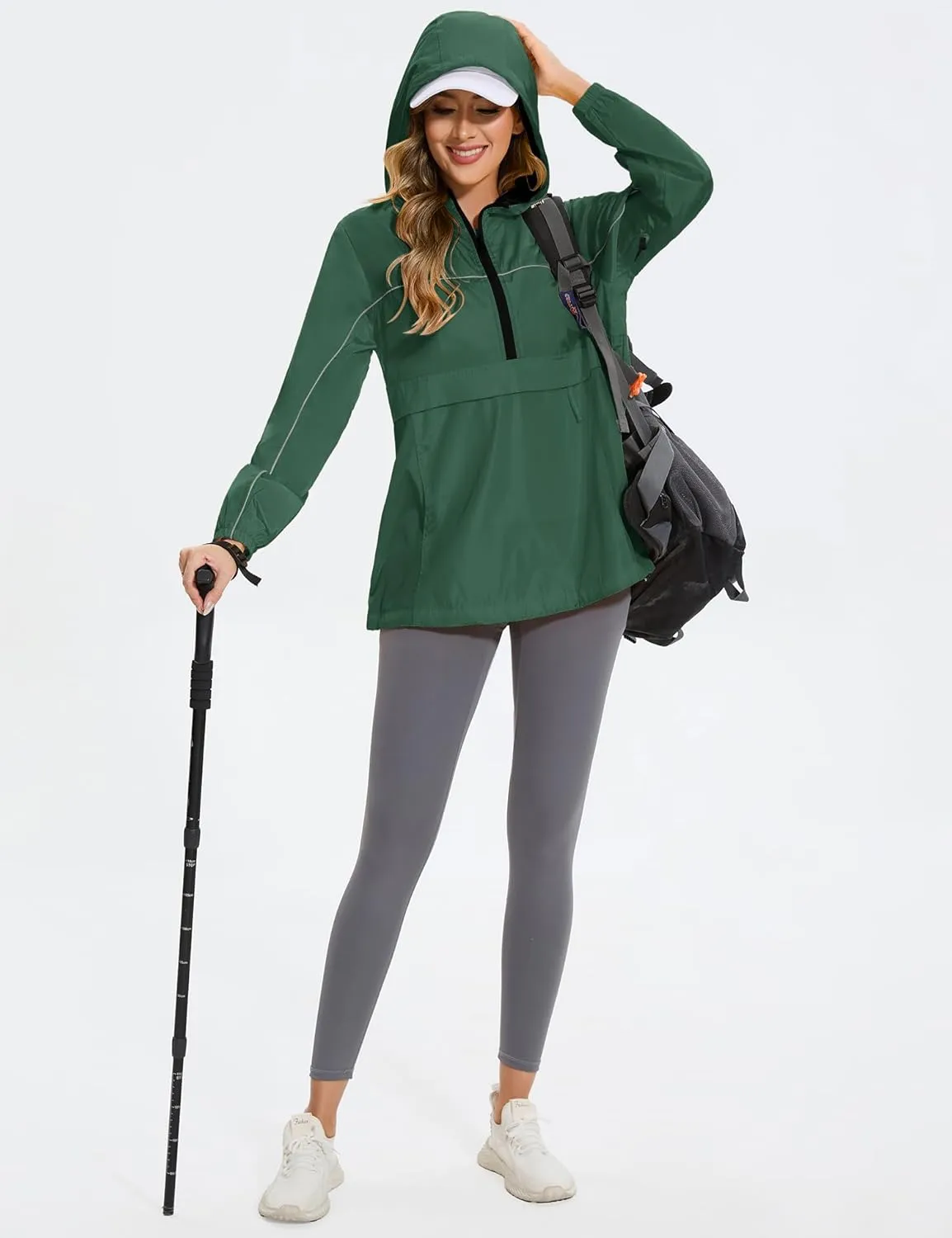 Avoogue Raincoat Women Reflective Waterproof Rain Jackets Half Zipper Packable Outdoor Hooded Windbreaker Lined Jacket