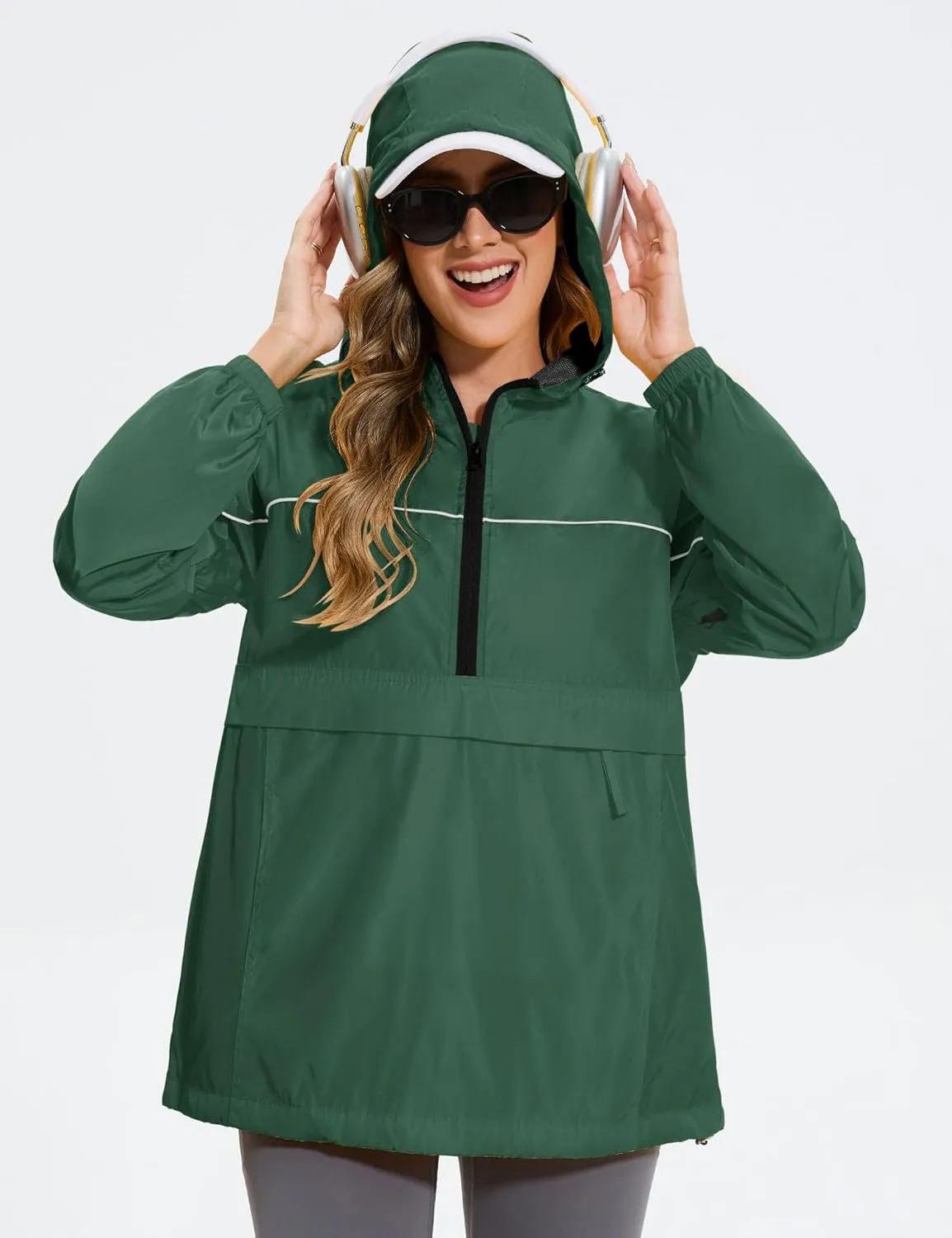Avoogue Raincoat Women Reflective Waterproof Rain Jackets Half Zipper Packable Outdoor Hooded Windbreaker Lined Jacket