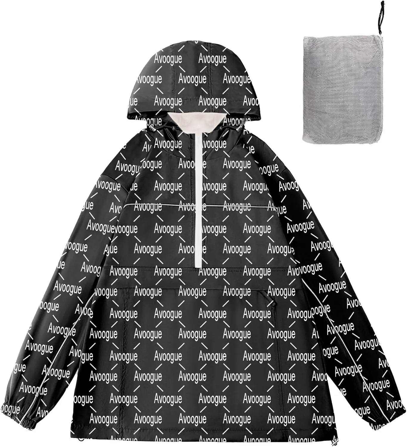 Avoogue Raincoat Women Reflective Waterproof Rain Jackets Half Zipper Packable Outdoor Hooded Windbreaker Lined Jacket