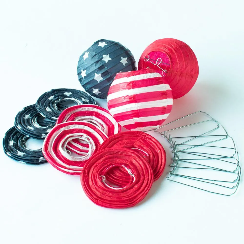 BLOWOUT 10 Socket 4th of July Red, White and Blue Round Paper Lantern Party String Lights (4" Lanterns, Expandable)