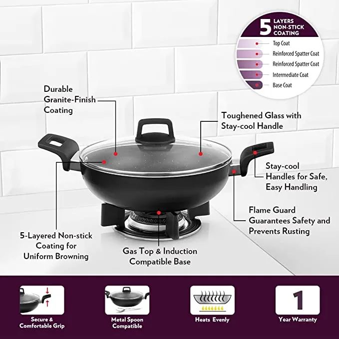 Borosil Granito Nonstick Kadhai   Lid