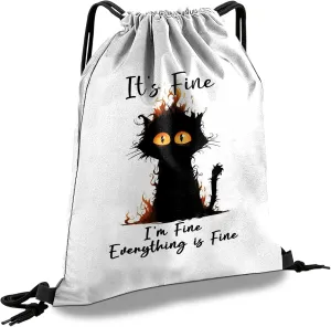 Drawstring Backpack Draw String Sports Bags for Gym Travel Beach Waterproof Cute Sackpack Men Women Aesthetic (13"17")-Black Cat