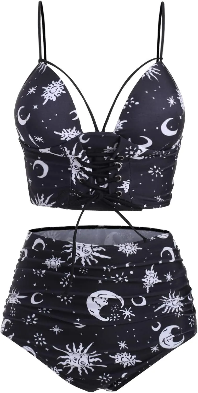 DRESSFO Women's High Waisted Bikini Sets Two Piece Padded Retro Vintage Tummy Control Swimsuit Gothic Bathing Suit
