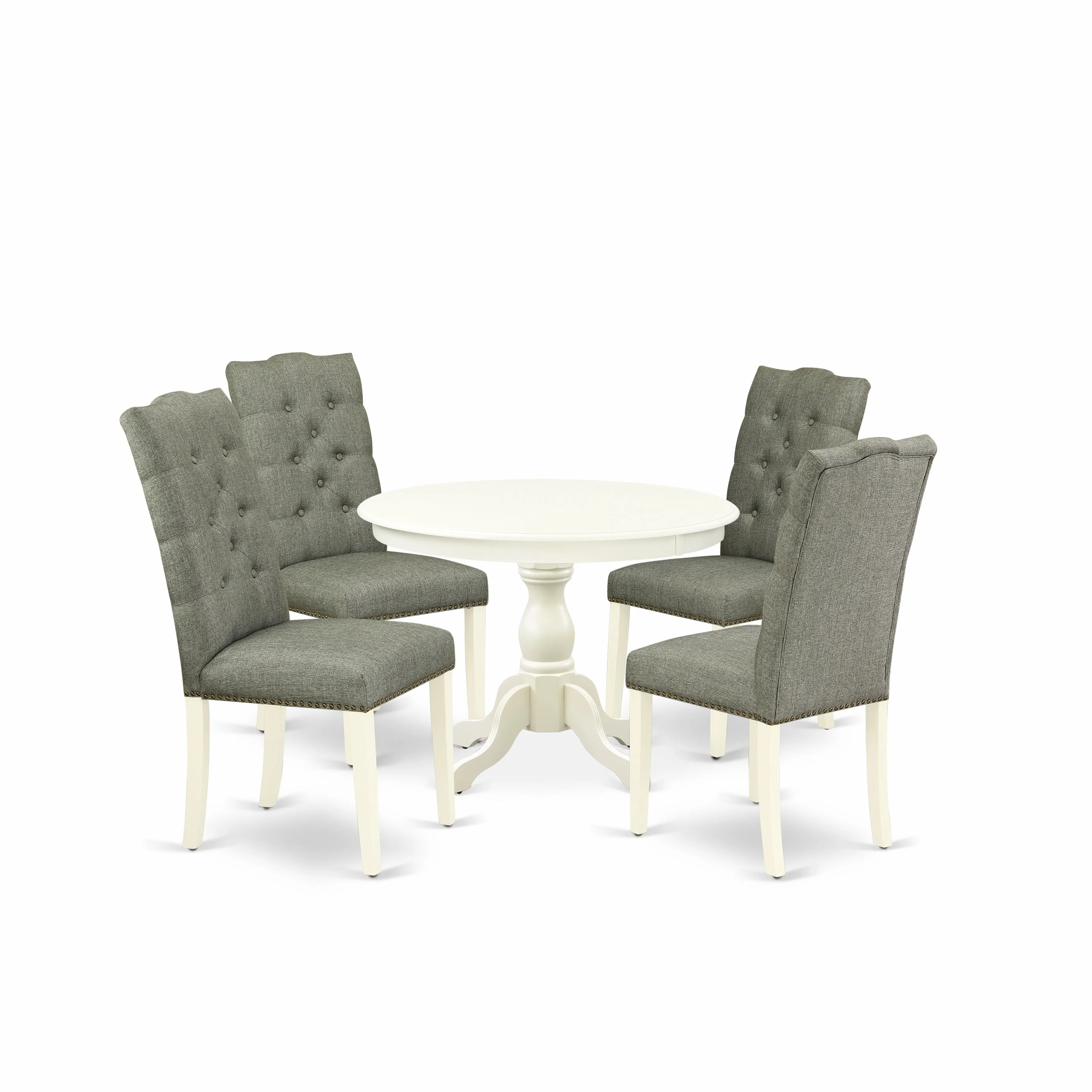 East West Furniture HBEL5-LWH-07 5 Piece Kitchen Table & Chairs Set Includes a Round Dining Room Table with Pedestal and 4 Gray Linen Fabric Parson Dining Chairs, 42x42 Inch, Linen White