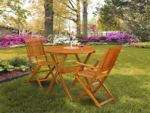 East West Furniture MNCM3CANA 3 Piece Folding Patio Bistro Sets Outdoor Set Contains a Round Acacia Wood Coffee Table and 2 Folding Arm Chairs, 30x30 Inch, Natural Oil