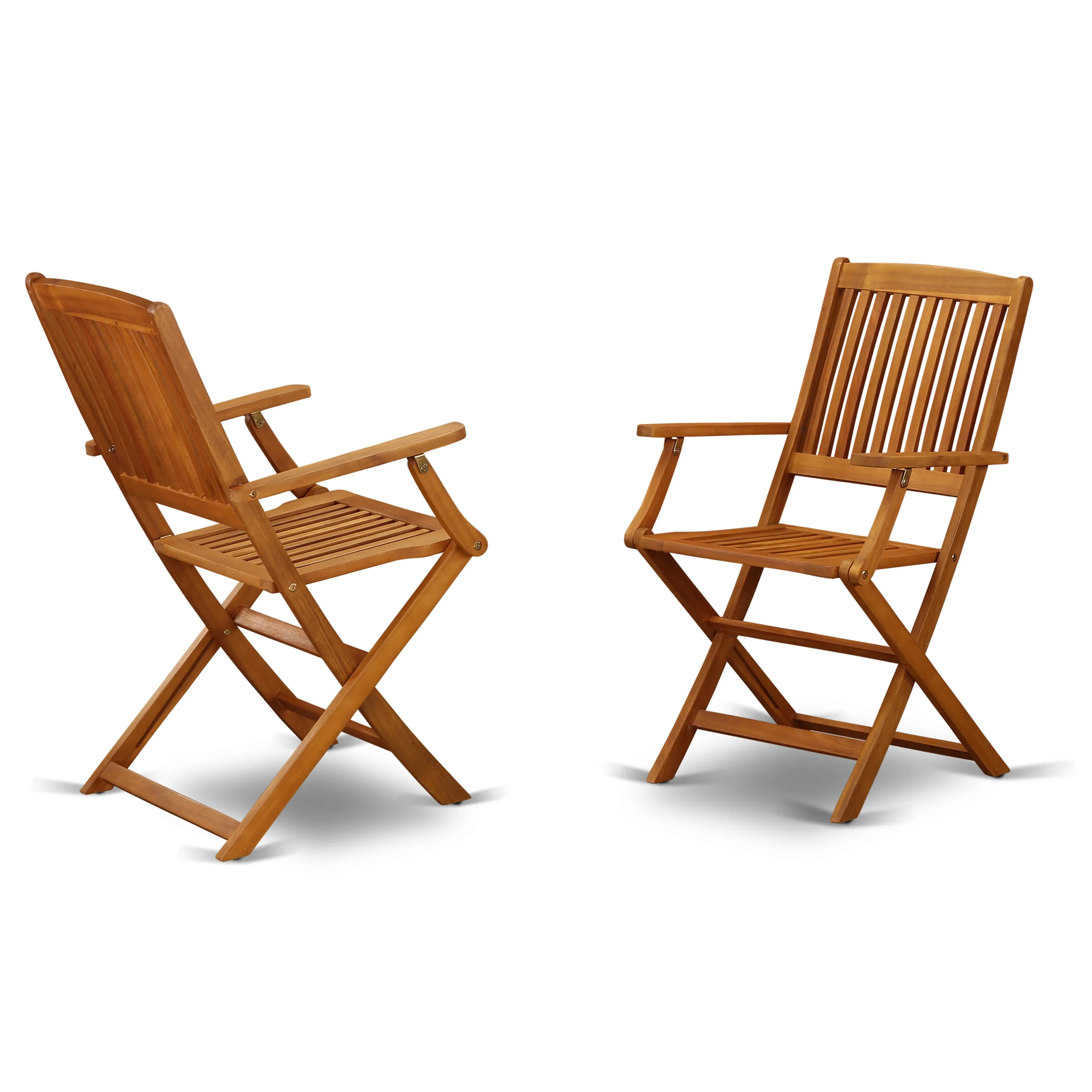 East West Furniture MNCM3CANA 3 Piece Folding Patio Bistro Sets Outdoor Set Contains a Round Acacia Wood Coffee Table and 2 Folding Arm Chairs, 30x30 Inch, Natural Oil