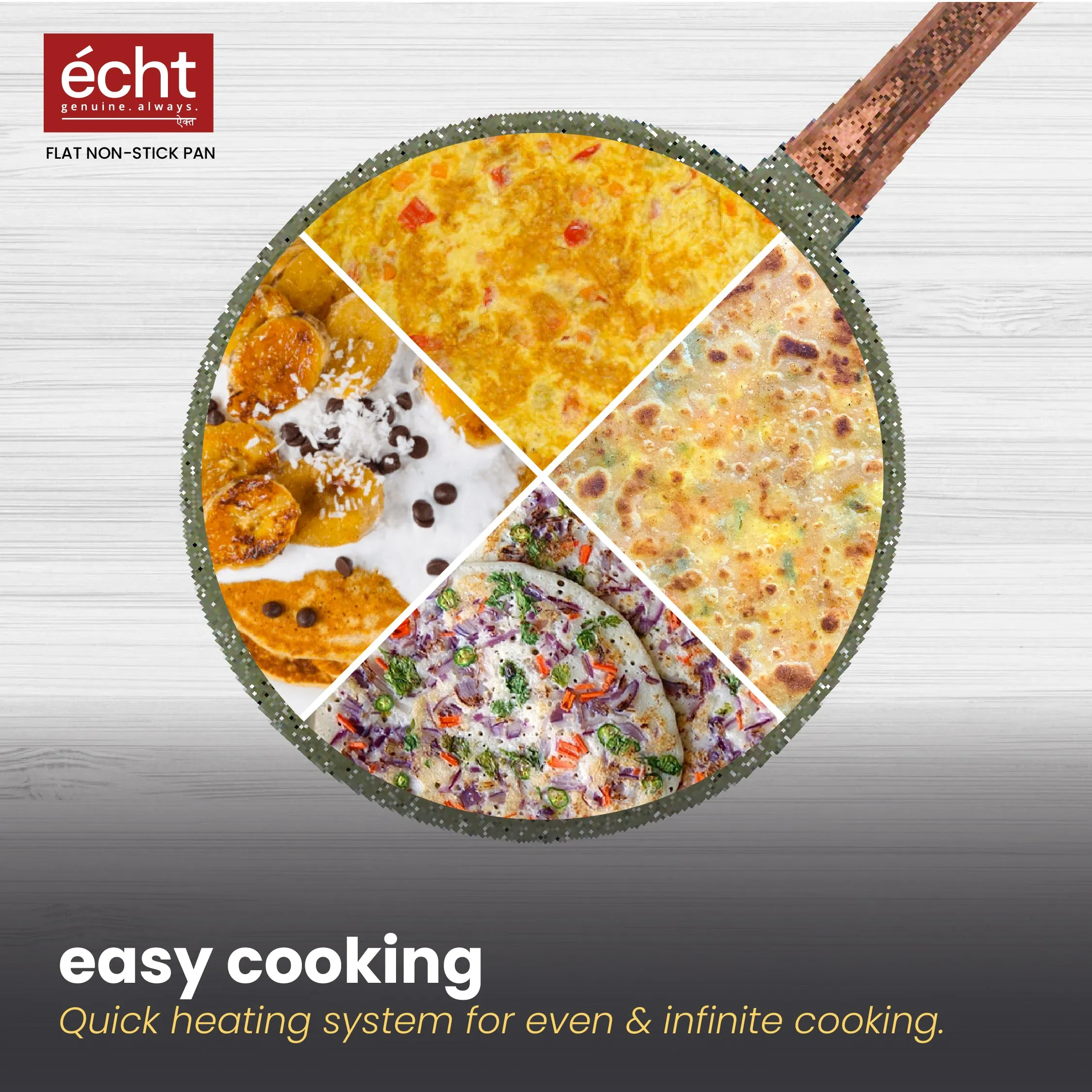 Echt Die Cast Aluminium Non Stick Dosa Tawa,Size 28 cm,Flat Roti and Chapati tawa, Granite Finish,Wooden Finish, Soft Touch Handle, PFOA Free, Idle for Indian Style Cooking,(Green)