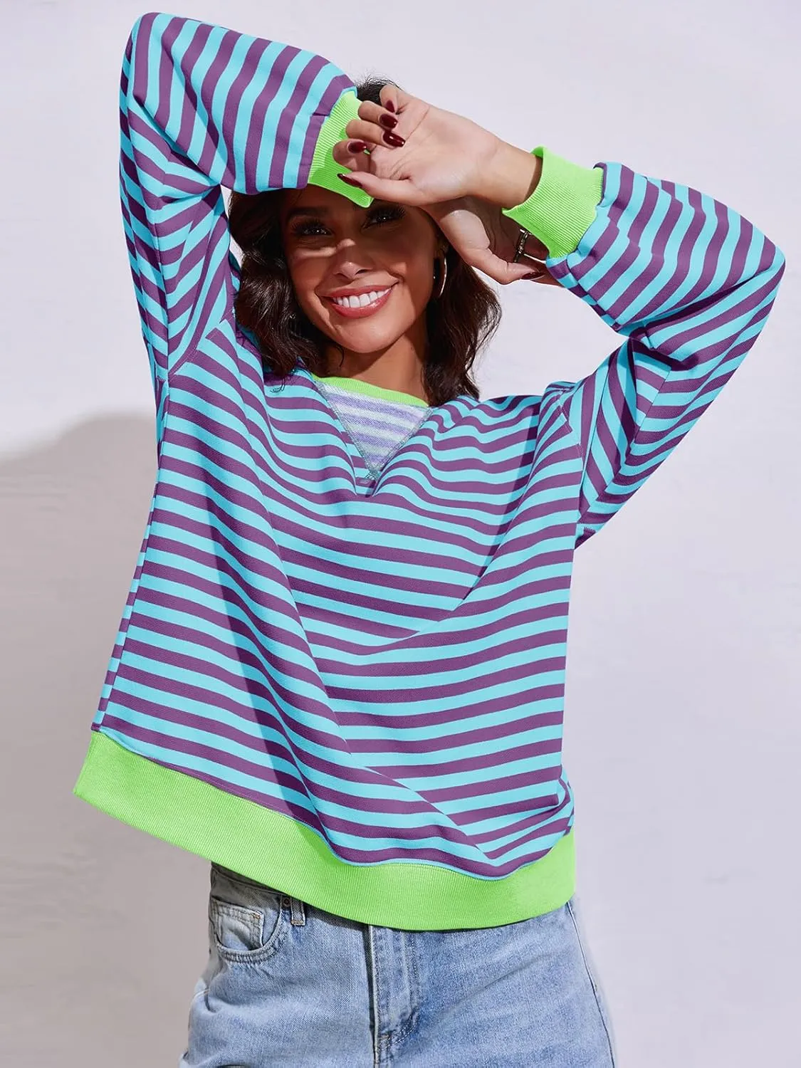 Fisoew Womens Striped Oversized Sweatshirt Color Block Crew Neck Long Sleeve Shirt Casual Loose Pullover Top Y2K Clothes