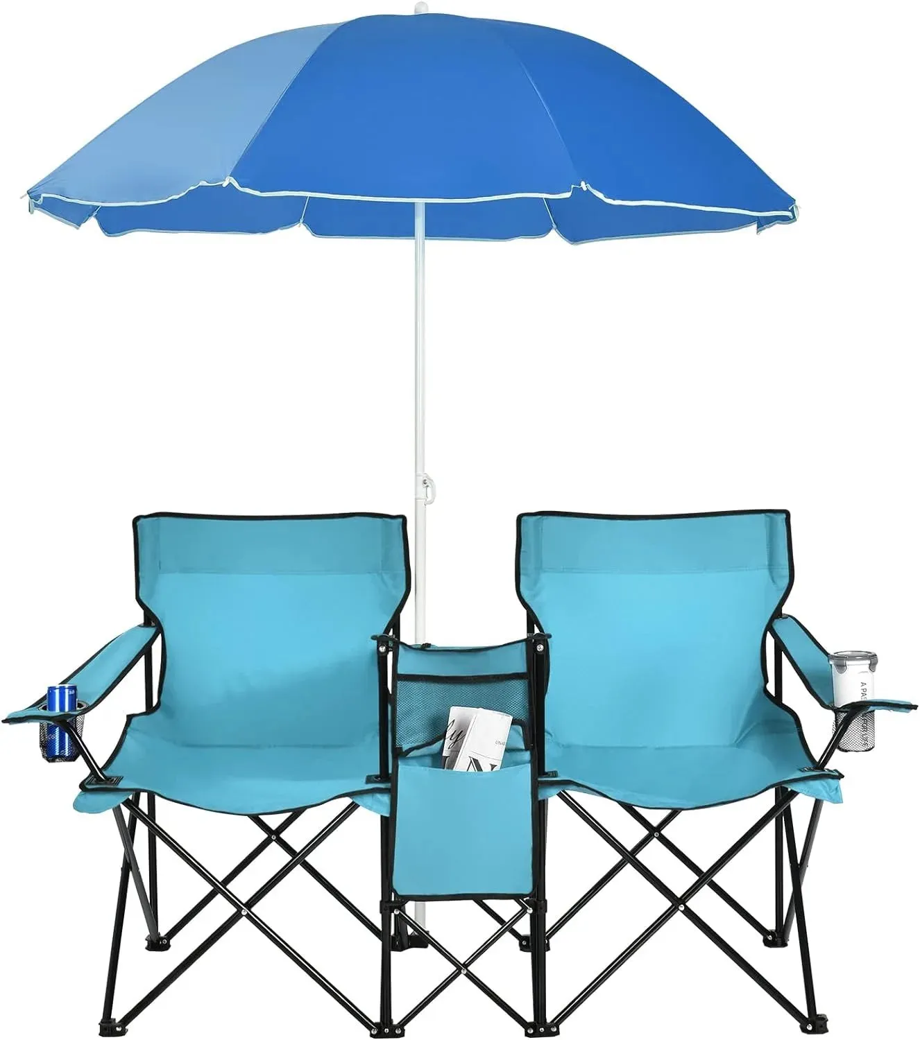 Folding Picnic Double Chair W/Umbrella Table Cooler Beach  Chair