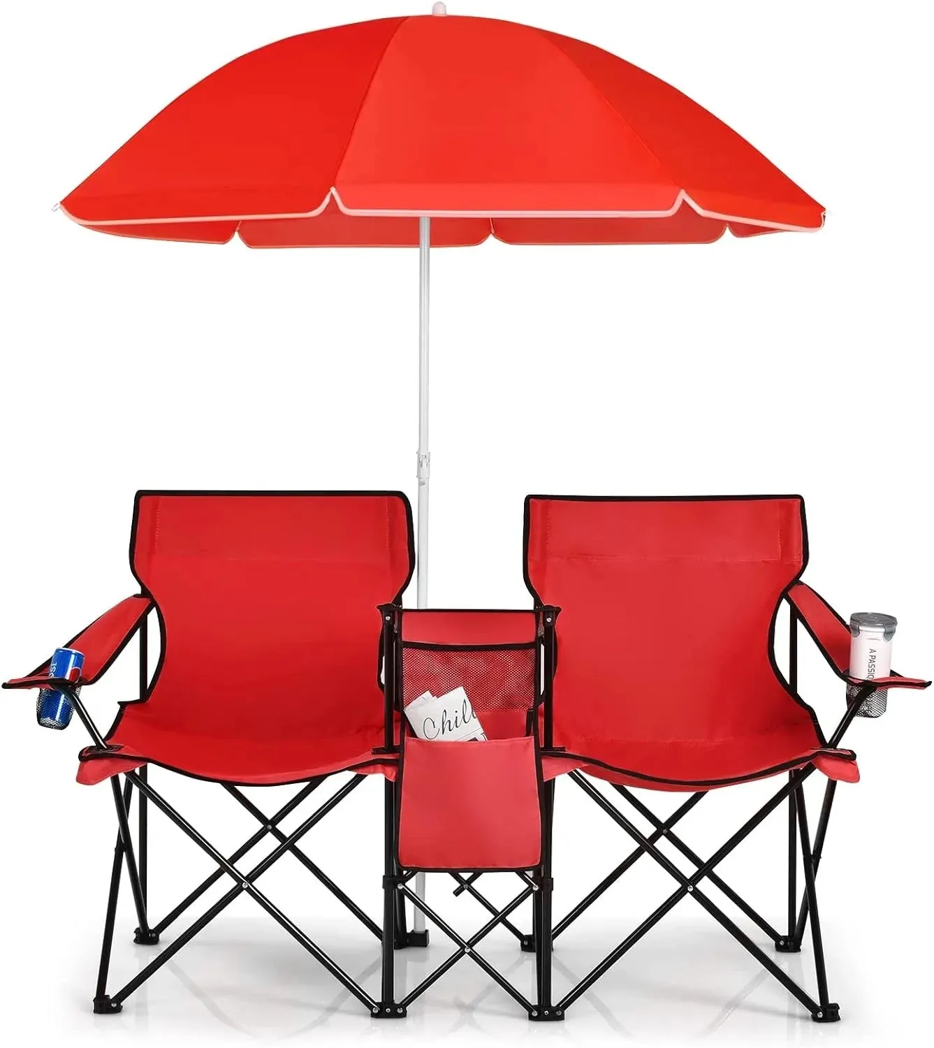 Folding Picnic Double Chair W/Umbrella Table Cooler Beach  Chair