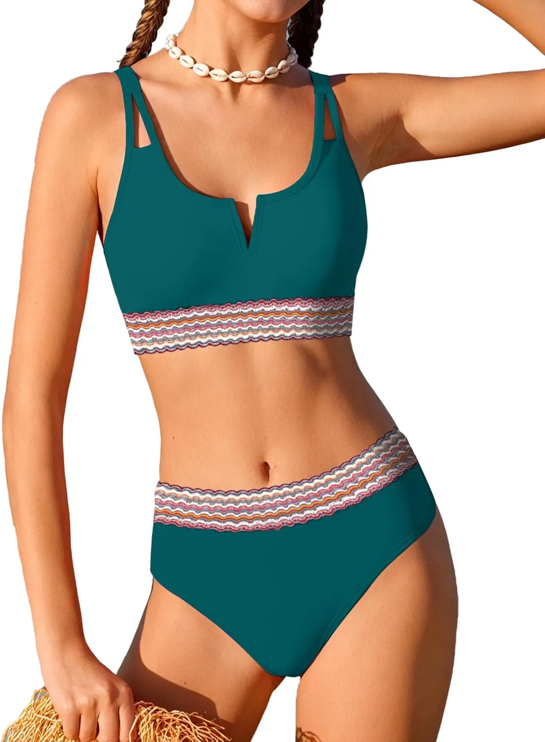 Girls Swimsuit High Waisted Bathing Suit for Girls V-Neck Cutout Two Piece Swimwear Color Block Welt Bikini Set 9-16y
