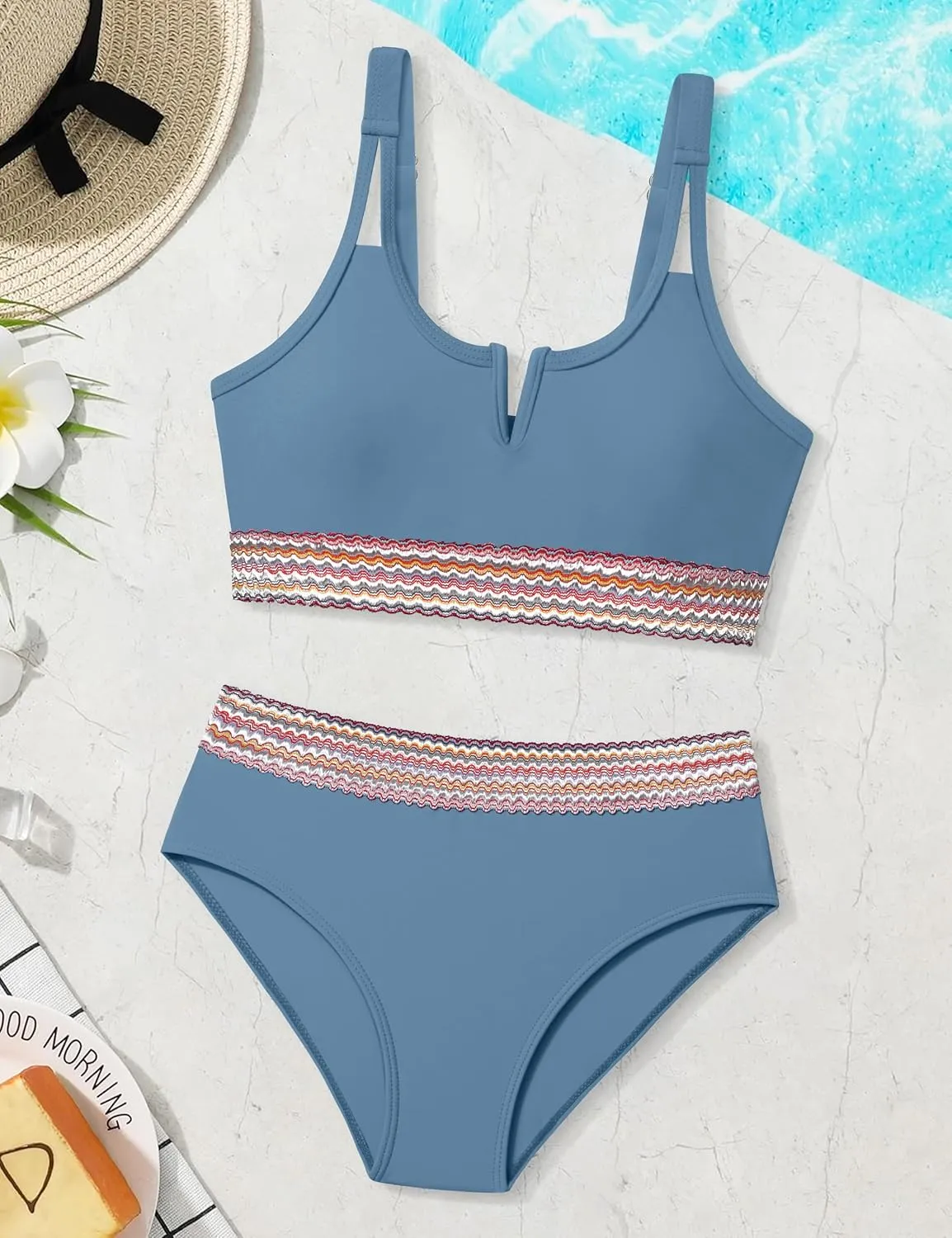 Girls Swimsuit High Waisted Bathing Suit for Girls V-Neck Cutout Two Piece Swimwear Color Block Welt Bikini Set 9-16y