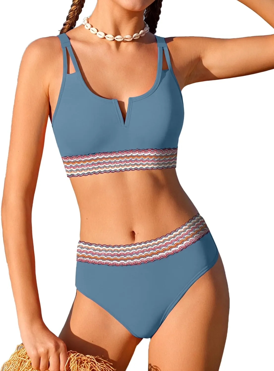 Girls Swimsuit High Waisted Bathing Suit for Girls V-Neck Cutout Two Piece Swimwear Color Block Welt Bikini Set 9-16y
