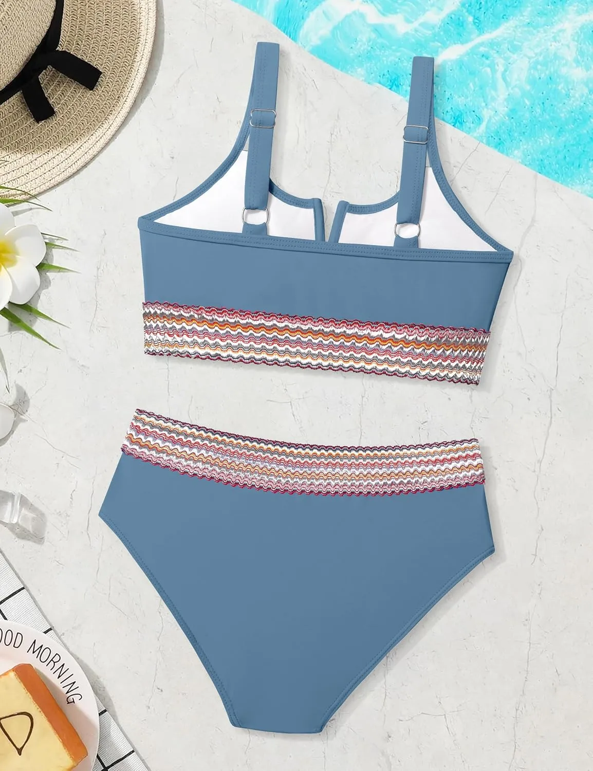 Girls Swimsuit High Waisted Bathing Suit for Girls V-Neck Cutout Two Piece Swimwear Color Block Welt Bikini Set 9-16y